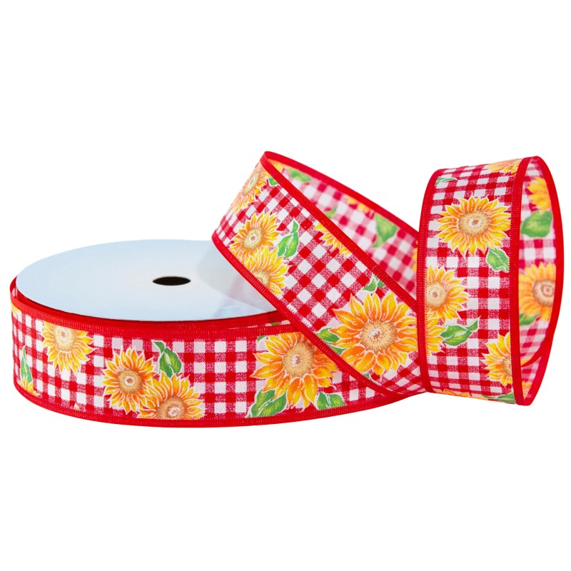 WSTĄŻKA MATERIAŁOWA Z DRUCIKIEM  ZE WZOREM "SŁONECZNIKI" 4cm/10m