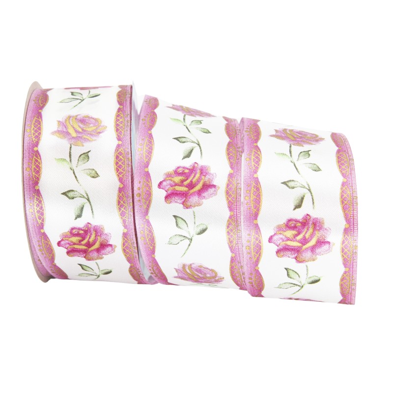 WSTĄŻKA SATYNOWA Z DRUCIKIEM ZE WZOREM "RÓŻA" 6cm/10m